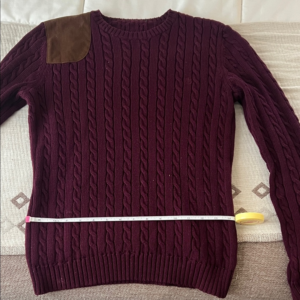Polo Ralph Lauren Maroon Cable Knit Sweater with Brown Suede Detail